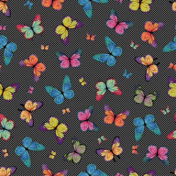 Seamless vector pattern with multicolored butterflies on a background with small dots, on a dark background — Stock Vector