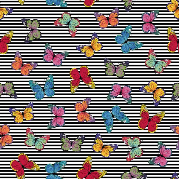 Безшовний векторний візерунок з барвистими метеликами на фоні смуги — стоковий вектор