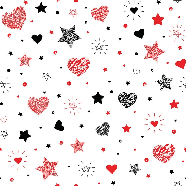 Seamless vector pattern of hand drawn stars and hearts. Vector illustration. for girls in black and red colors — Stock Vector