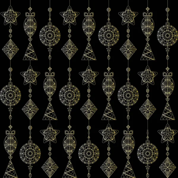 Weihnachten nahtlos. Weihnachtsspielzeug in Gold auf schwarzem Hintergrund. Goldenes Ornament, orientalischer Stil — Stockvektor