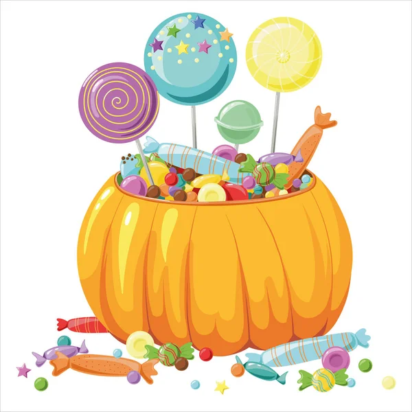 Halloween dynia wiadro ze słodyczami. tajemnica, święto, październik, kolor wektor ilustracja — Wektor stockowy