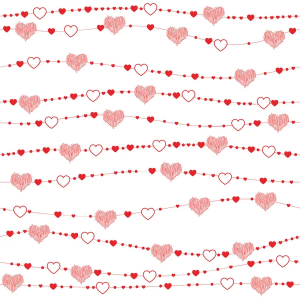Modello senza cuciture con cuori su una stringa, cuori rossi su uno sfondo bianco. sfondo per il giorno di S. Valentino — Vettoriale Stock