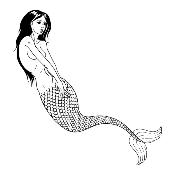 Sirena nadando bajo el mar, ilustración de vectores de lino dibujado a mano sobre un fondo blanco para colorear libro — Archivo Imágenes Vectoriales