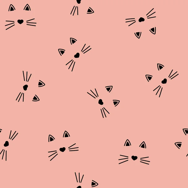 Motif vectoriel sans couture avec de jolis visages de chat, nez cardiaque. enfants, filles, fond rose — Image vectorielle