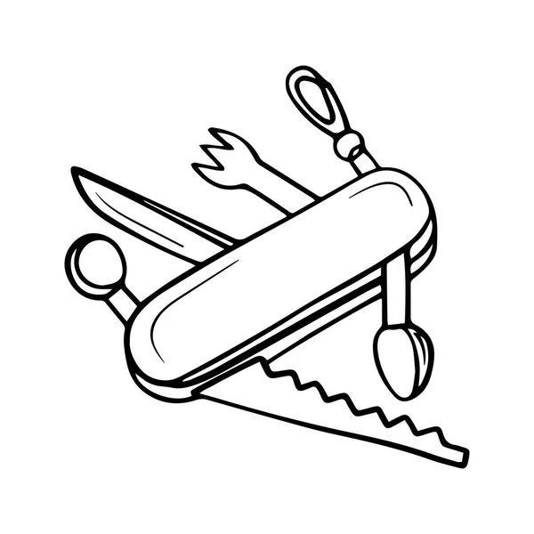 Icono vectorial dibujado a mano de pequeño viaje de camping jackknife. Equipamiento turístico. Navaja de acero con hoja plegable — Vector de stock