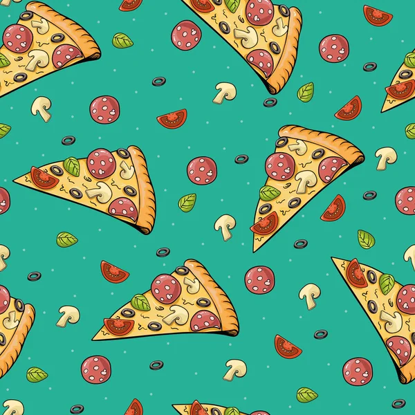 Пицца ломтик бесшовный векторный рисунок. цветные ломтики пиццы в стиле эскиза, на бирюзовом фоне — стоковый вектор