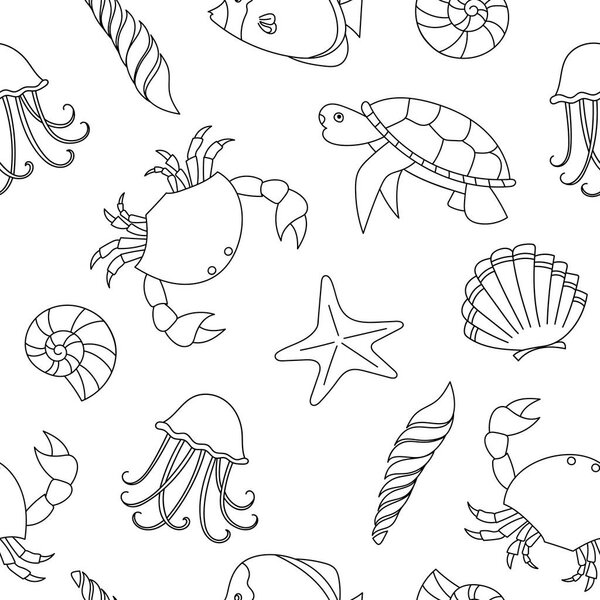 Vector seamless pattern with sea fauna. Background with starfish, jellyfish, fish, crab, shell. Abstract decorative cute illustration. Graphic design elements for print and web