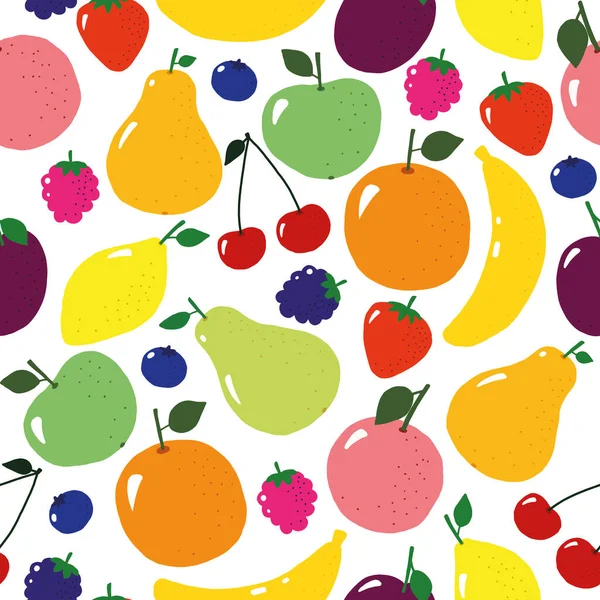 Motif sans couture vectoriel avec des fruits colorés lumineux et des baies sur un fond blanc — Image vectorielle