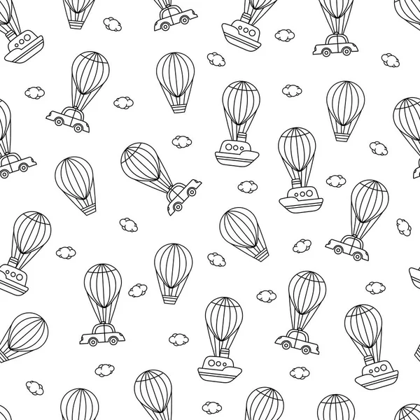 Des ballons à air. Modèle vectoriel sans couture avec des ballons à air mignons et des nuages, avec des voitures volantes et des navires. Illustration vectorielle mignonne — Image vectorielle