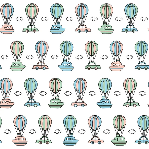 Lindo patrón vectorial de niños con globos y coches. en colores pastel, para textiles para niños — Vector de stock