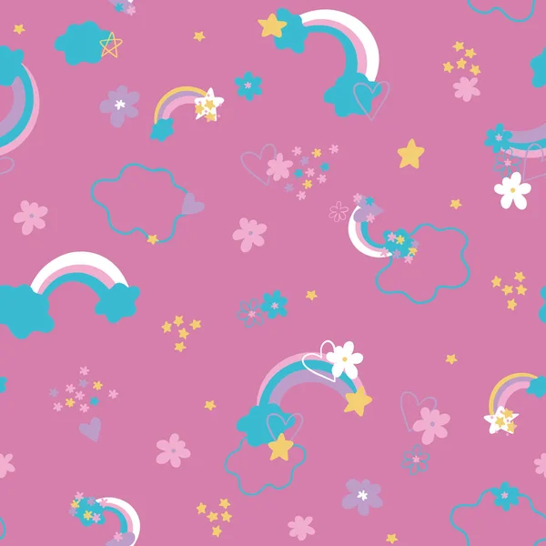 Delicado padrão bonito vetor crianças com arco-íris, estrelas e flores em um fundo rosa —  Vetores de Stock