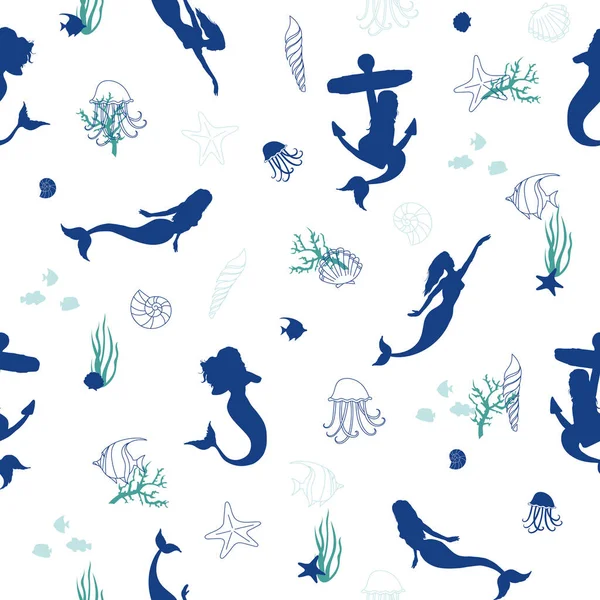 Nahtloses Meerjungfrauen-Muster. Vektor marinen Hintergrund. Muster mit eleganten schönen Meerjungfrauen, Silhouette — Stockvektor
