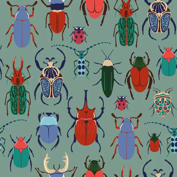 Nahtloses Muster mit bunten Käfern. Helle Vektorzeichnung kleiner Käfer. Insekt auf grünem Hintergrund. Karikatur-Tapete — Stockvektor