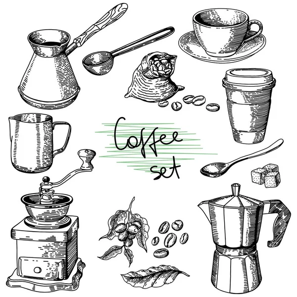 Vector Set Coffee Sketch Freehand Drawing Cup Coffee Grinder Grains — Stock vektor