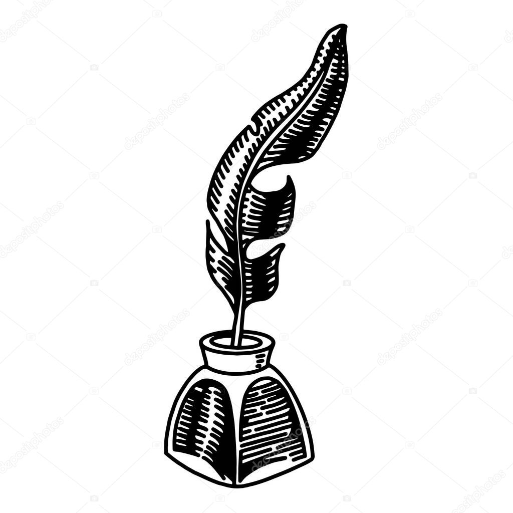 sketch style feather quill pen and ink well illustration in vector format. isolated image on a white background