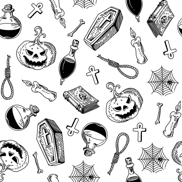 Vettore vintage disegnato a mano schizzo Halloween modello senza cuciture — Vettoriale Stock