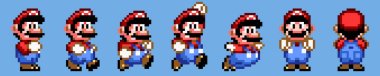 TASHKENT, UZBEKISTAN - 9 Kasım 2020: Super Mario World pikselli retro video oyunu. Mario karakteri poz veriyor. Piksel resim çizimi. Eski usul oyunlar
