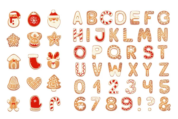 Vánoční perníkové sušenky abeceda čísla. — Stockový vektor