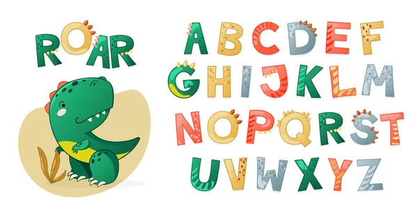 Alfabeto bonito dos dinossauros dos desenhos animados. — Vetor de Stock