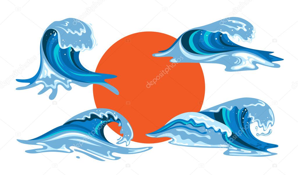 Tsumani waves in flat cartoon style.