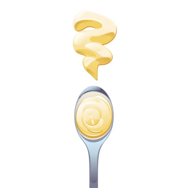 金属勺中的蛋黄酱，卡通扁平风格. — 图库矢量图片