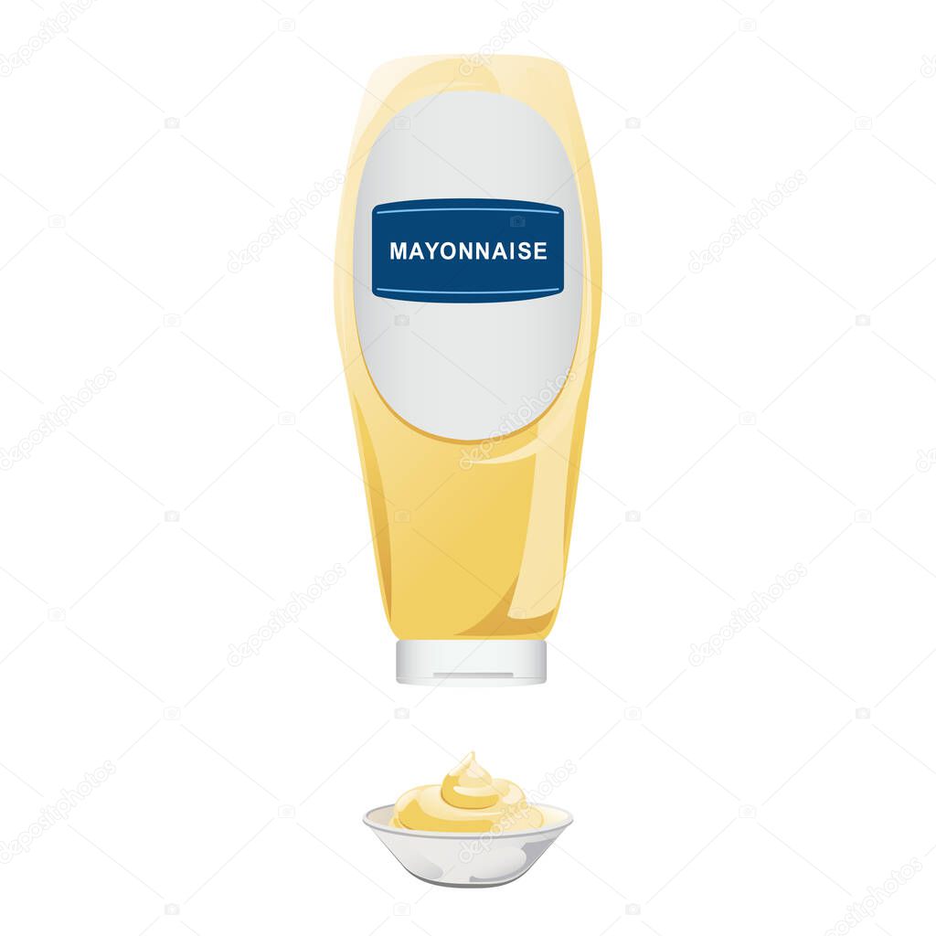 Mayonnaise in glass bottle with ceramic bowl. Jar with white sauce. Condiment container in cartoon style. Vector illustration.