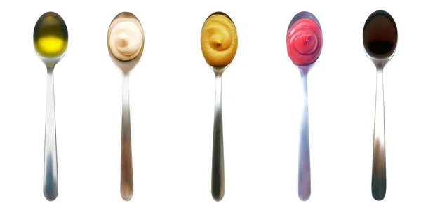 Différentes sauces dans des cuillères isolées — Photo