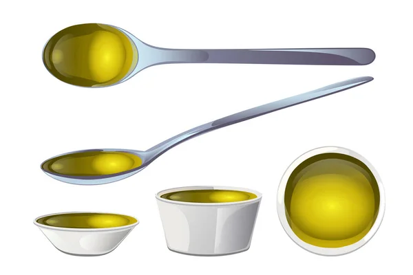 Yellow olive oil in bowl and spoons — Stock Vector