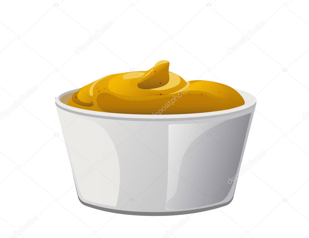 Mustard portion in the bowl. Dijon honey sauce cream. Vector design in cartoon style for food branding.