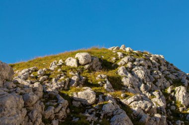 Çimlerle kaplı güneşli dağ zirvesi