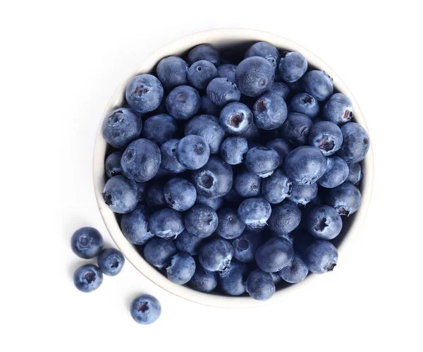 Fresh Tasty Blueberry Bowl Isolated White Top View — Stock Photo, Image