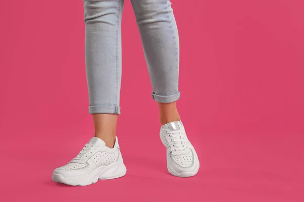 Woman Wearing Sneakers Pink Background Closeup — Stock Photo, Image