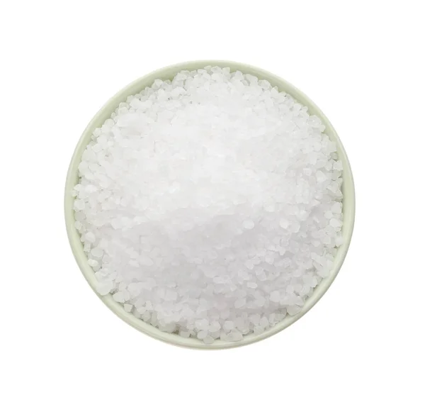 Skål Med Naturligt Salt Isolerad Vit Ovanifrån — Stockfoto