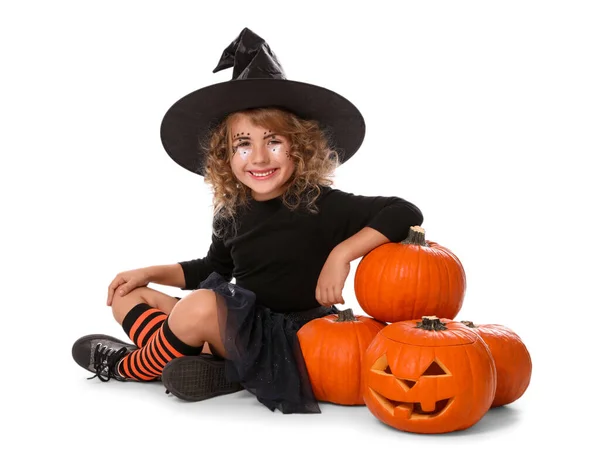 Aranyos Kislány Visel Halloween Jelmez Tök Fehér Háttér — Stock Fotó