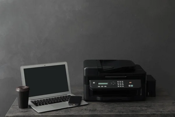 New Modern Printer Smartphone Laptop Grey Table — Stock Photo, Image