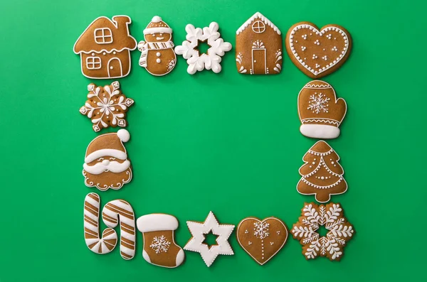 Frame Made Different Christmas Gingerbread Cookies Green Background Top View — Stock Photo, Image