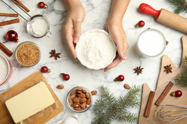 Woman Cooking Traditional Christmas Cake White Marble Table Ingredients Top — Stock Photo, Image