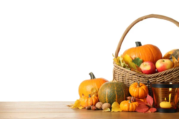 Composition Ripe Pumpkins Autumn Leaves Wooden Table White Background Happy Royalty Free Stock Photos