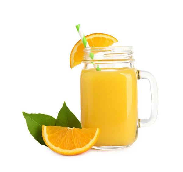 Tasty Orange Juice Mason Jar Fresh Fruit Green Leaves Isolated — Stock Photo, Image