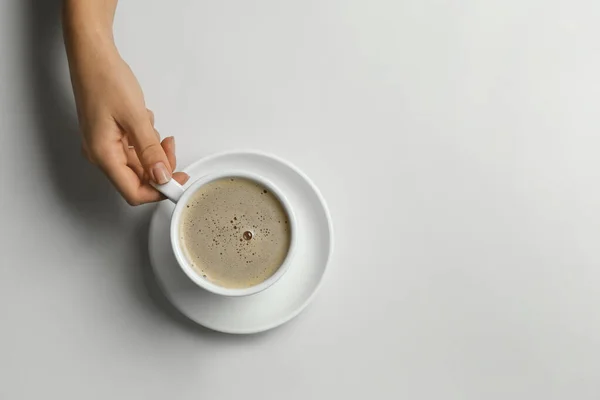 Woman Holding Cup Coffee White Table Top View Space Text — Stock Photo, Image