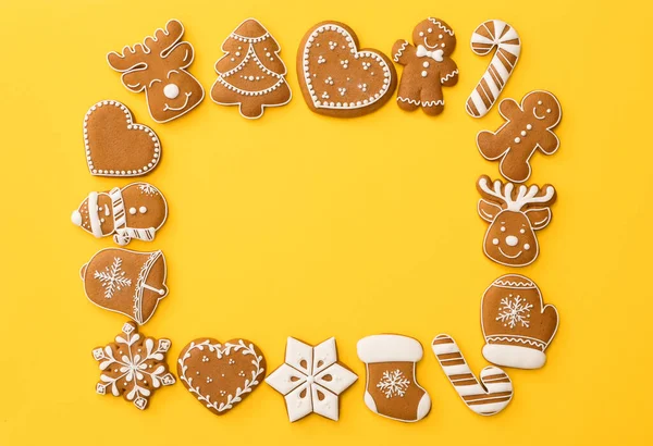Frame Made Different Christmas Gingerbread Cookies Yellow Background Flat Lay — Stock Photo, Image