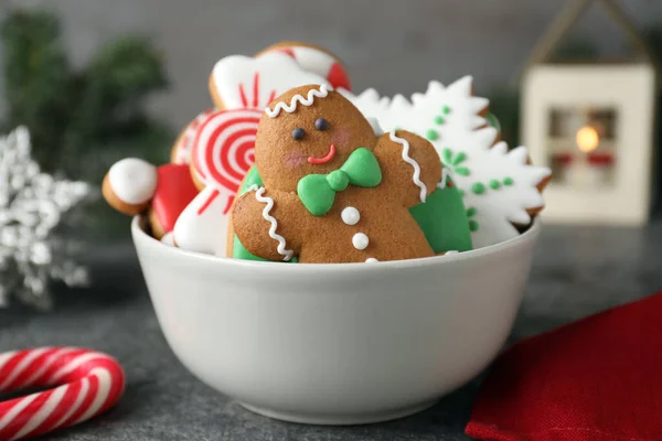 Delicious Christmas Cookies Bowl Grey Table — Stock Photo, Image