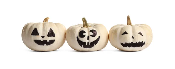 Calabazas Halloween Con Caras Dibujadas Lindas Sobre Fondo Blanco —  Fotos de Stock