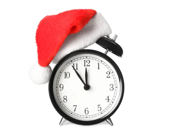 Relógio Despertador Com Chapéu Papai Noel Sobre Fundo Branco Contagem — Fotografia de Stock