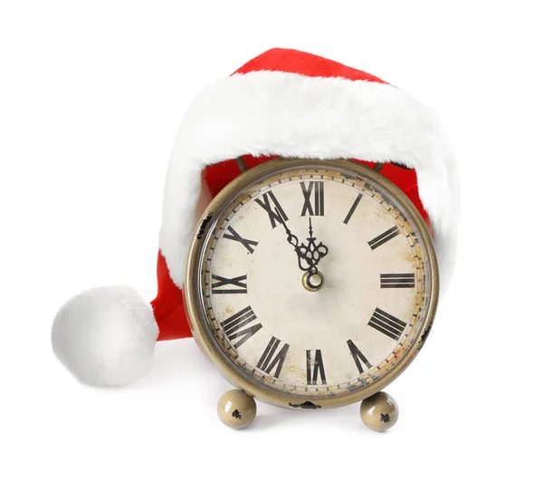 Relógio Despertador Com Chapéu Papai Noel Sobre Fundo Branco Contagem — Fotografia de Stock