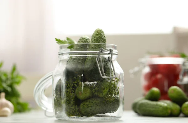 Pickling jar with fresh cucumbers on white marble table — Stock Image Pickling Jar Fresh Cucumbers White Marble Table Royalty Free Stock Images