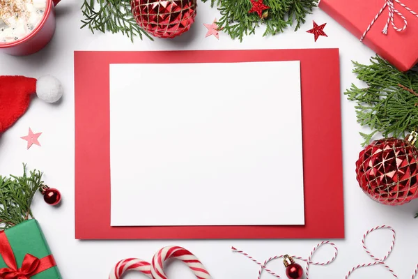 Flat Lay Composition Christmas Decor Blank Card White Background Space Stock Photo