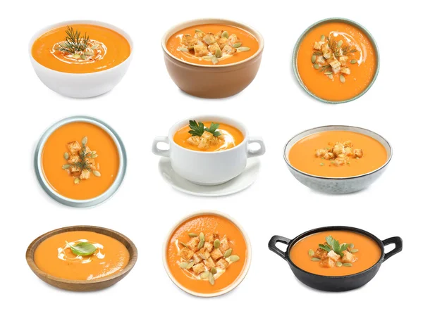 Set Sopas Frescas Calabaza Sobre Fondo Blanco — Foto de Stock