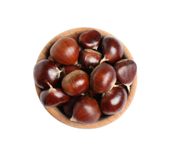 Fresh Sweet Edible Chestnuts Wooden Bowl White Background Top View — Stock Photo, Image