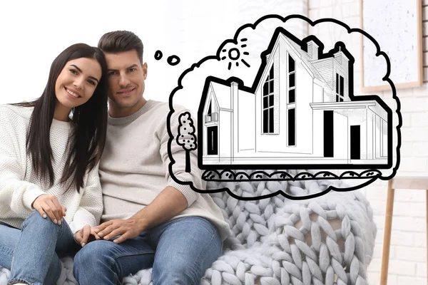 Charmant Couple Rêvant Une Nouvelle Maison Illustration Dans Bulle Pensée — Photo
